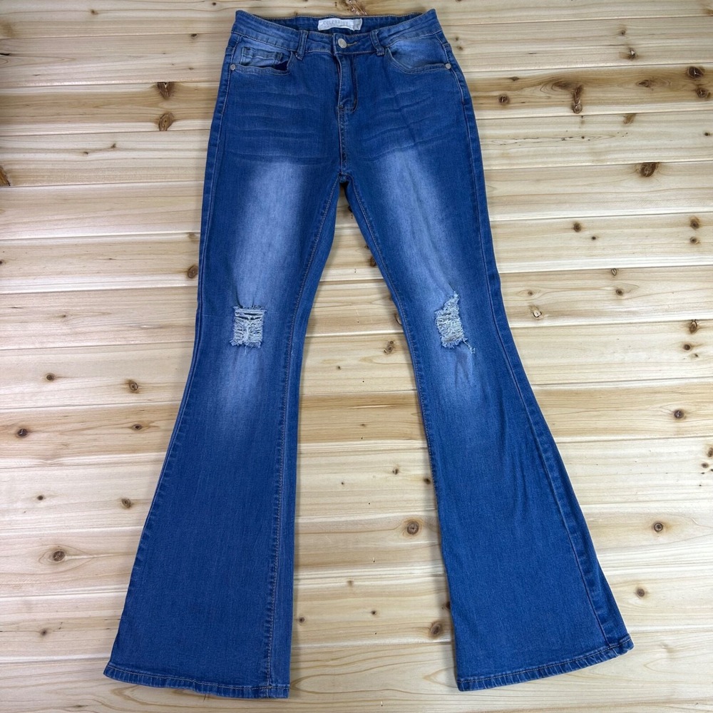 Women's Blue Flare Jeans with Knee Distress - Brand Unspecified